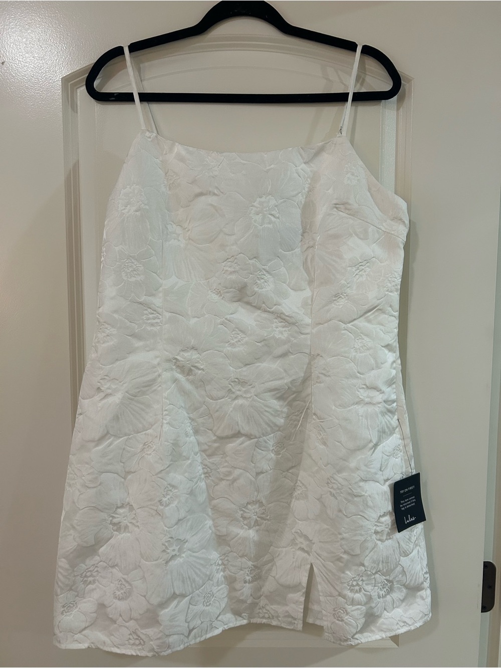 Lulu's White Floral Jacquard Spaghetti Strap Mini Dress